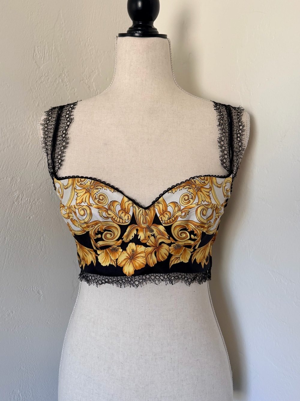 Versace Baroque Floral Print Silk Twill Crop Top Bralette Lace Trim [XS]